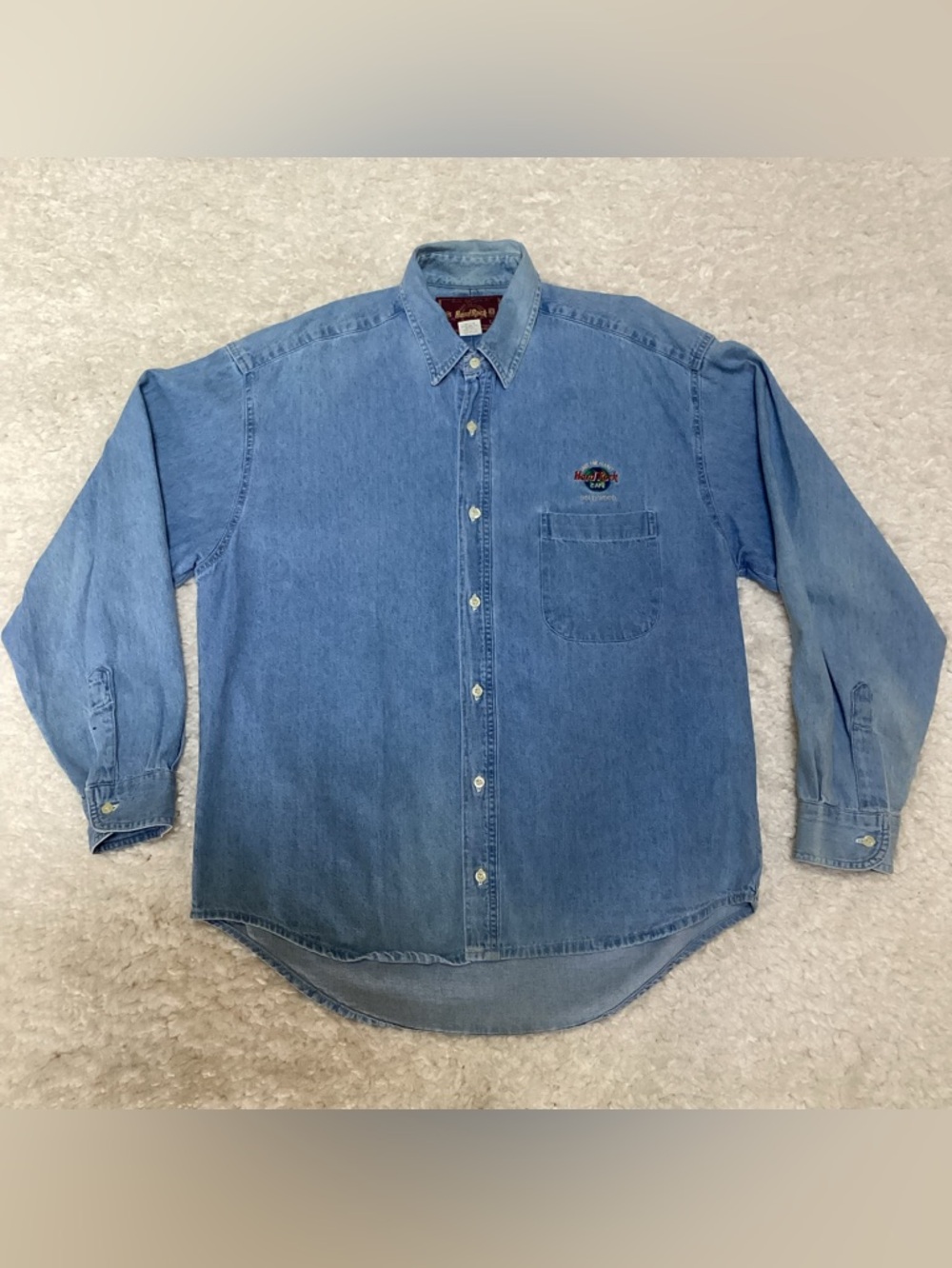 Hard Rock Cafe Hollywood Light Blue Denim Button up Shirt save the Planet